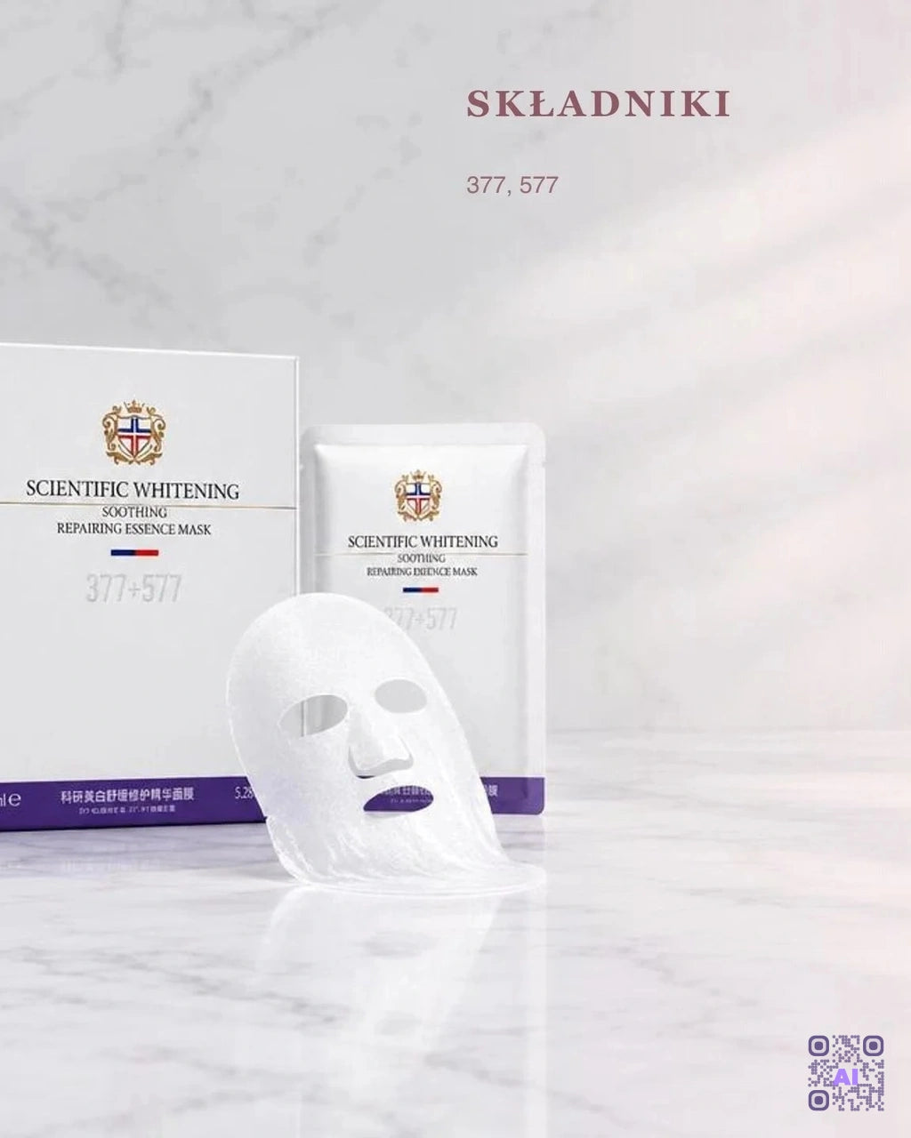 Zdjęcie wygenerowane przy użyciu AI · SCIENTIFIC WHITENING Soothing Repairing Essence Mask 377+577 (2)