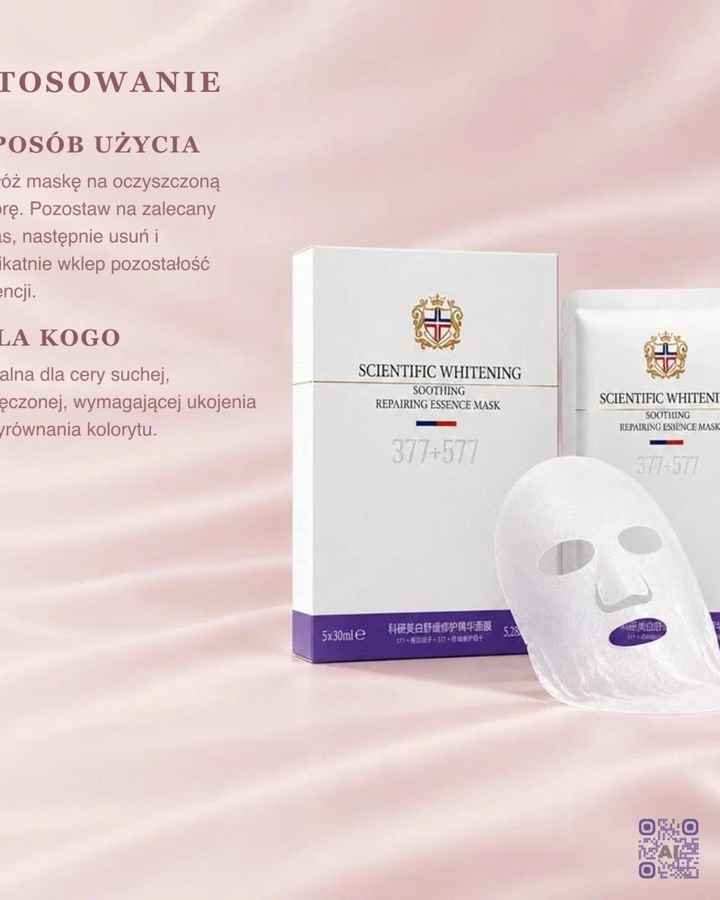 Zdjęcie wygenerowane przy użyciu AI · SCIENTIFIC WHITENING Soothing Repairing Essence Mask 377+577 (3)