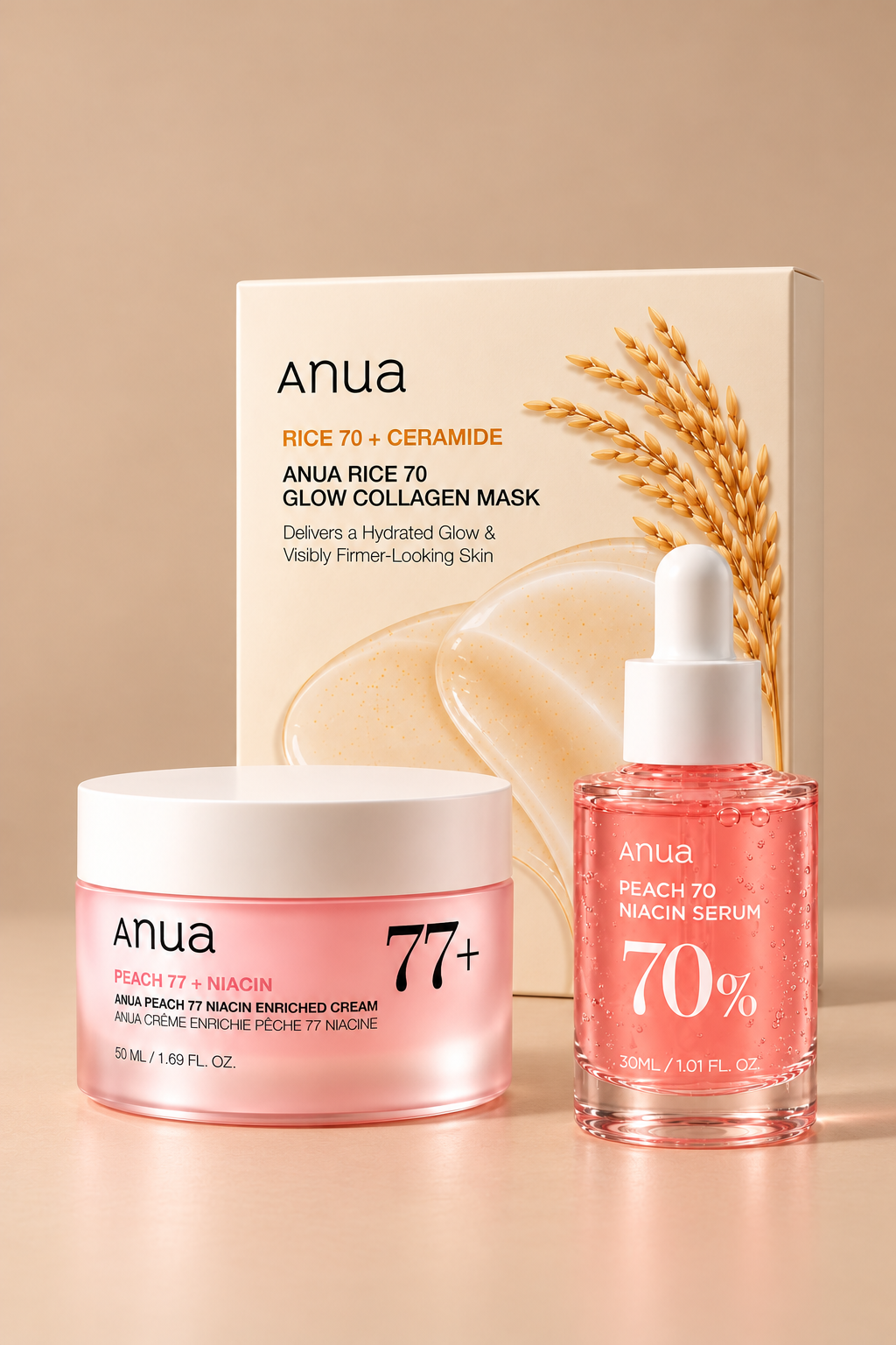 ANUA Zestaw Koreańskich Kosmetyków do Twarzy – Serum Peach 70 + Krem Peach 77 + Maska Rice 70 | Nawilżenie i Rozświetlenie GLOW